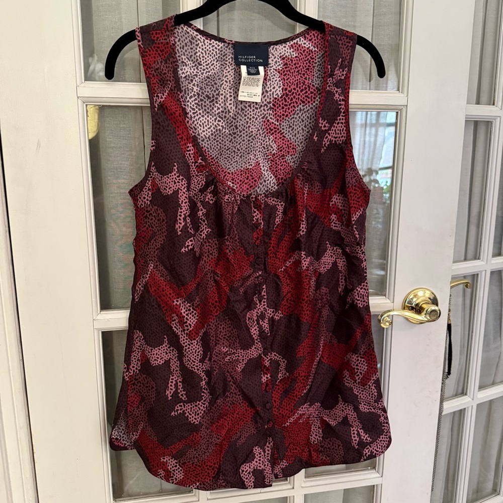 *Mint* Hilfiger Collection Runway Silk Camo Button-front Tank Top - Fits like S